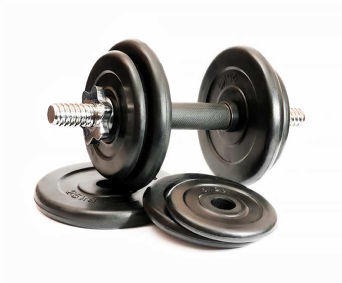 A close shot of dumbbell weights