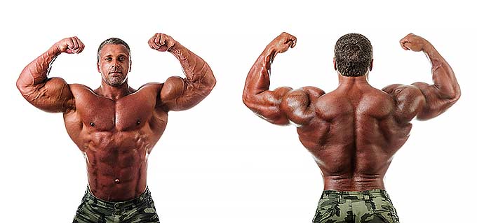 A bodybuilder showing his massive front and back muscles